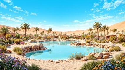 A tranquil desert oasis oasis with date palms wildflowers a clear pool and rolling sand dunes under a vibrant blue sky
