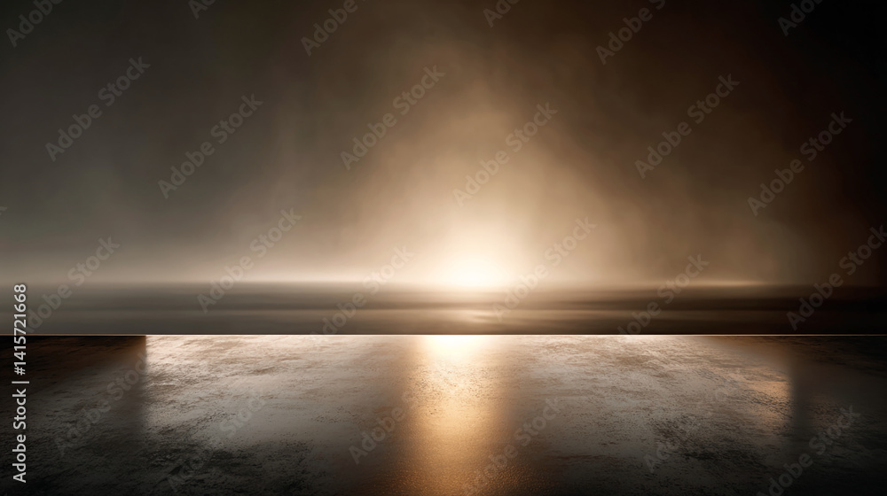 Poster dark textured surface reflects golden light, creating a calm, minimalist scene ideal for product dis