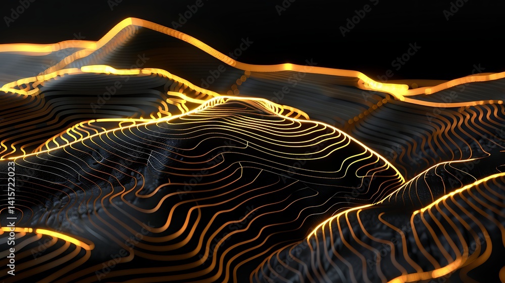 Poster abstract background featuring a dark undulating landscape defined by glowing golden topographic cont