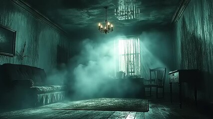 Dimly lit, eerie, haunted interior room.
