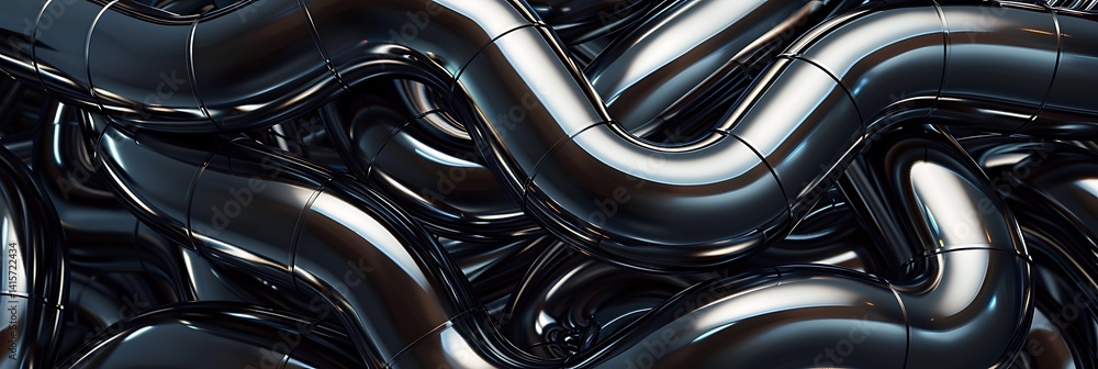 Poster abstract background texture of chaotically intertwined, reflective chrome pipes or tubes against a d