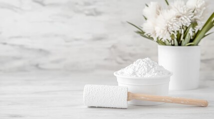 White powder in bowl, paint brush on marble surface