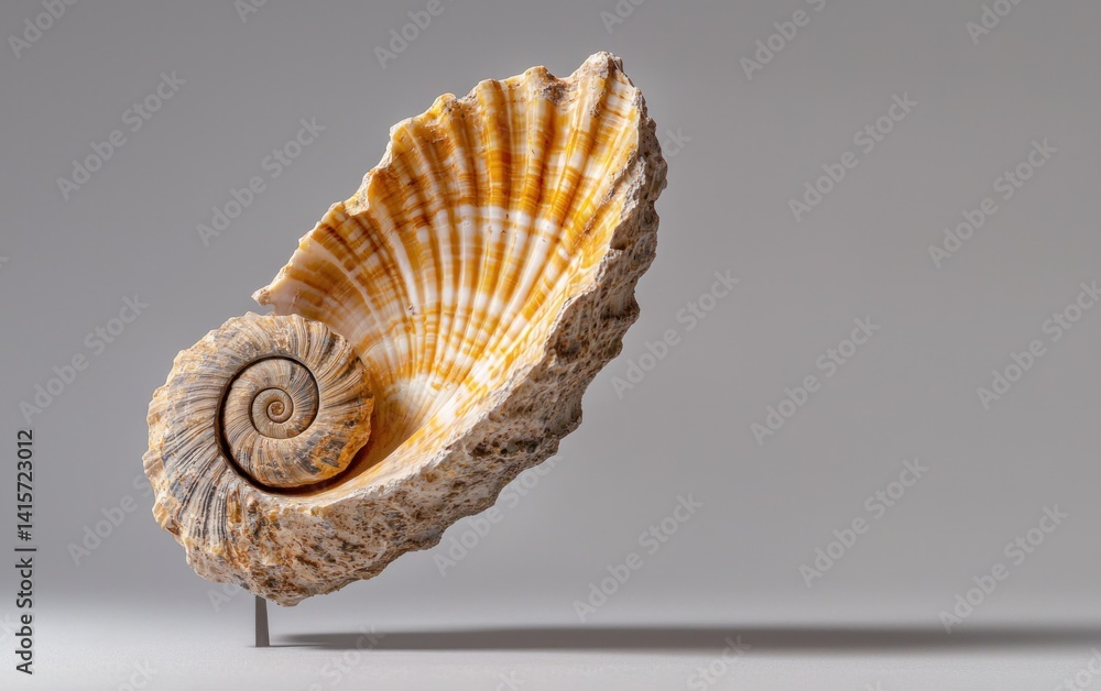 Poster close-up of a fossilized seashell with intricate spiral details, displayed against a neutral gray ba