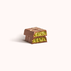 Dubai chocolate bar with pistachio and kunafa filling isolated on white