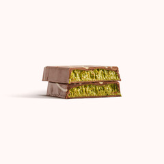 Dubai chocolate bar with pistachio and kunafa filling isolated on white