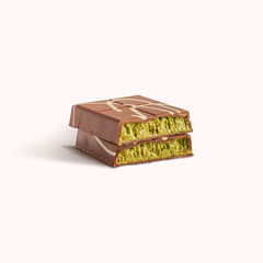Dubai chocolate bar with pistachio and kunafa filling isolated on white