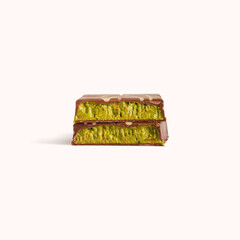 Dubai chocolate bar with pistachio and kunafa filling isolated on white