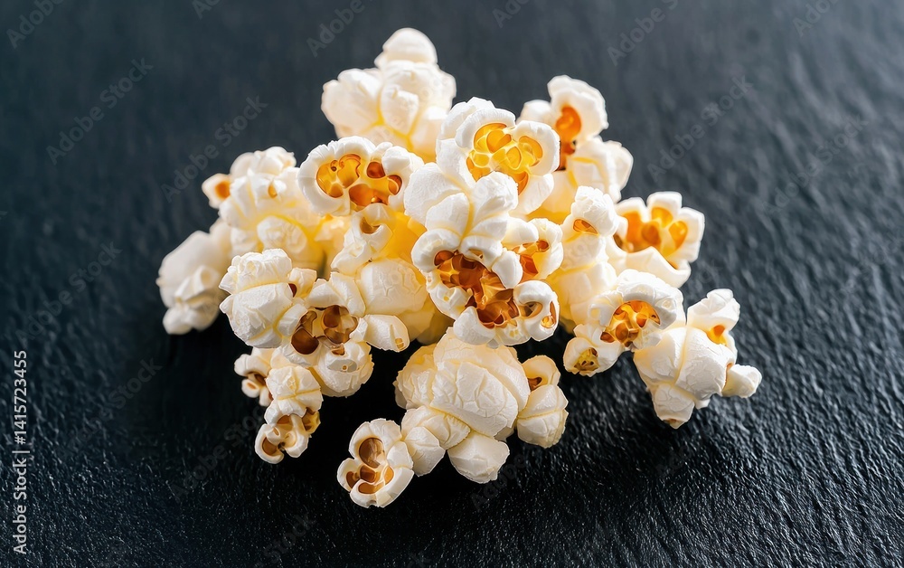 Poster a small pile of popcorn kernels rests on a dark, smooth surface. the popcorn is lightly browned and 