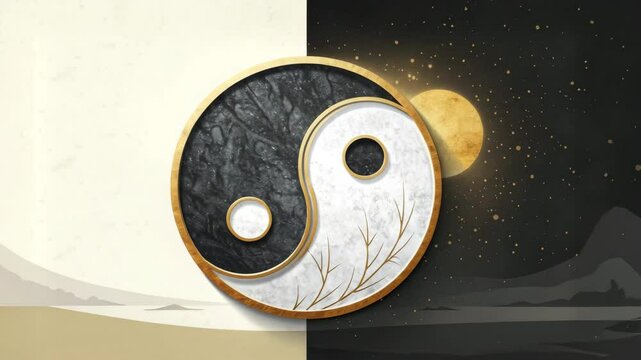 Elegant Rotating Yin Yang Symbol Animation with Marble Texture, Gold Accents, and Day-Night Background &ndash; 4K Zen Motion Design Representing Balance and Duality