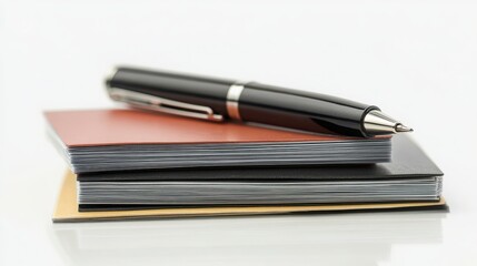 White background showcasing an isolated stapler, pen, and memos.