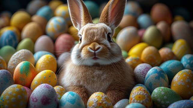 A cute rabbit sits gracefully among vibrant Easter eggs, embodying springtime cheer