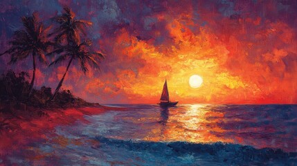 Vibrant Sunset Painting with Sailboat and Palm Trees on Ocean Horizon