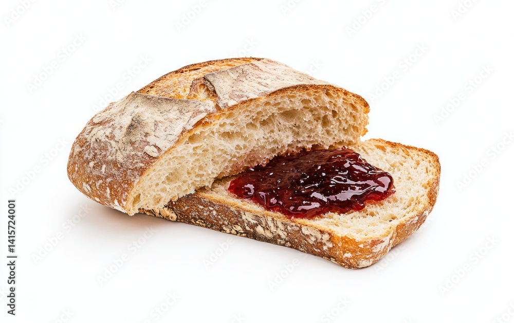Poster a slice of sourdough bread with red jam, showing a rustic texture and a torn piece, set against a wh