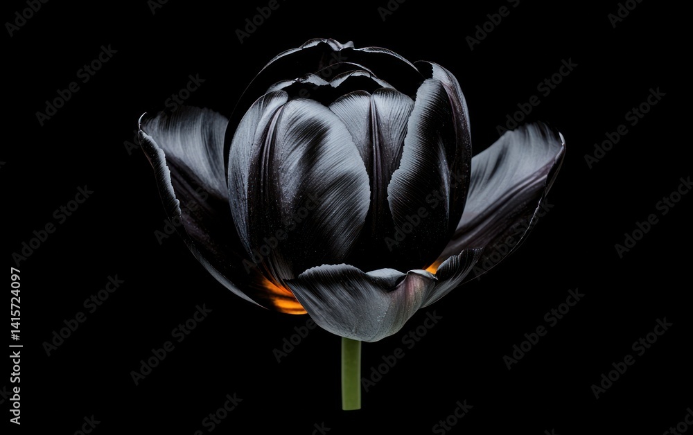 Aufkleber dark tulip levitates against a stark black background, illuminated with a subtle orange glow at its 