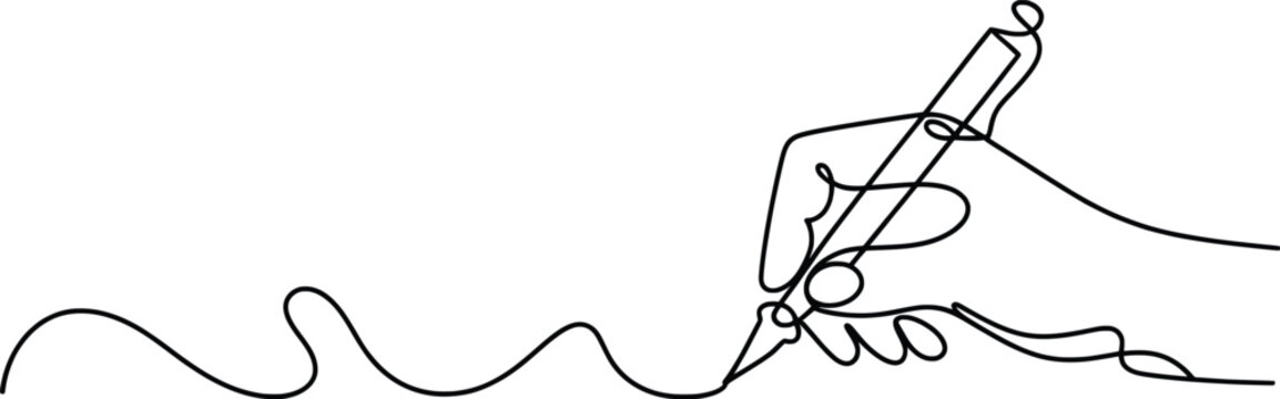 Minimalist One Line Drawing of Hand Writing with Pen, Continuous Line Art Sketch.