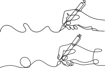 Minimalist One Line Drawing of Hands Writing with Pens, Continuous Line Art Illustration.