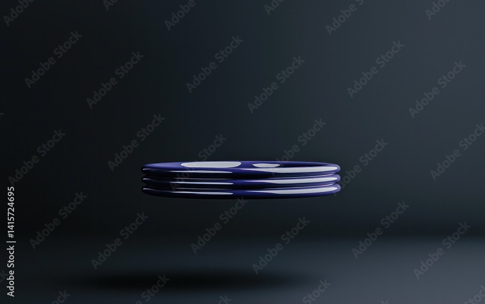 Poster violet and white circular object levitates against a dark background. the object has a textured surf