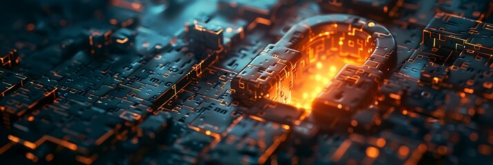 Macro close-up of a glowing orange padlock symbol integrated into a dark, futuristic circuit board with intricate pathways. Cyber security technology concept.
