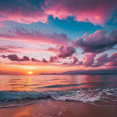 Fototapeta premium Stunning Beach Sunset Vibrant Sky Colors Reflecting on Ocean Waves
