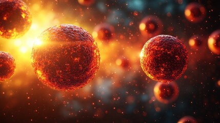 Naklejka premium Colorful cells float in glowing space, contrasting with the fiery background