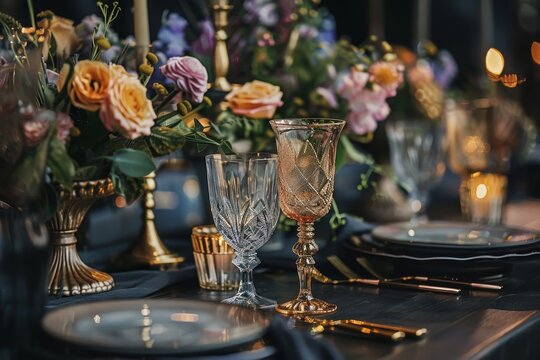 Table with vintage glasses and golden accents, floral background, Vintage-inspired details and golden accents