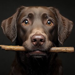 A joyful dog with a shiny coat holds a stick in its mouth, radiating charm and mischief
