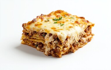 A delicious-looking portion of lasagna, featuring layers of pasta, meat sauce, and cheese. The lasagna is presented on a solid white background, with a light and airy feel. 