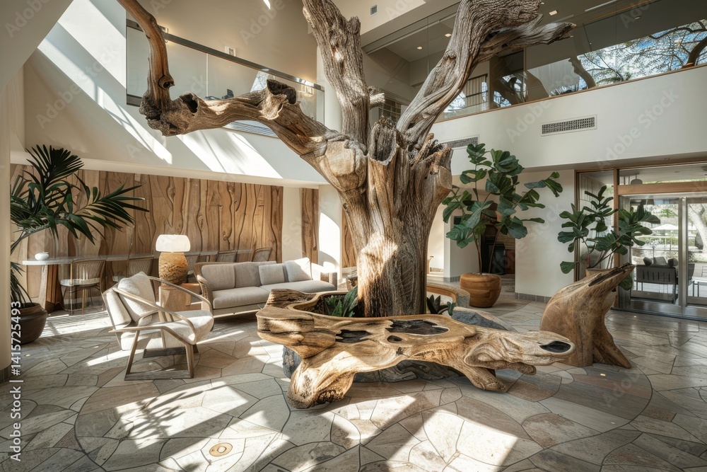 Poster a modern lobby with a large tree trunk table in the center and sunlight streaming through, a harmoni