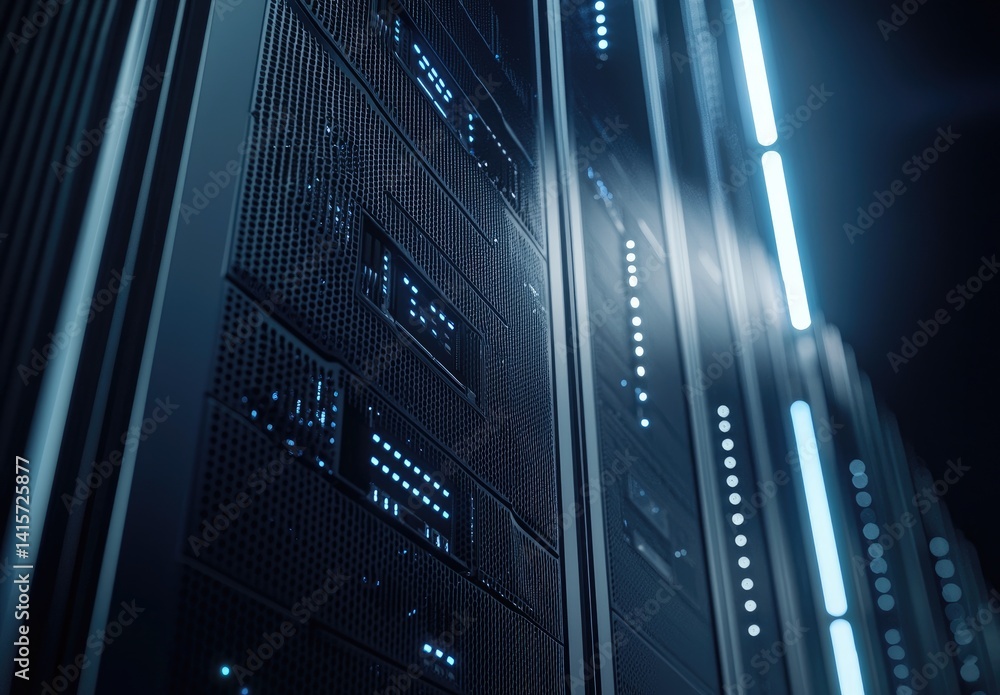 Poster Close-up view of futuristic mesh server panels with soft blue LED lighting in a dark corridor. Ideal for cloud, AI, cybersecurity, and digital technology visuals