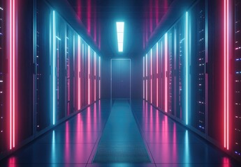 Fototapeta premium Colorful server corridor with pink and cyan vertical lighting and glossy reflections, creating a vibrant futuristic atmosphere. Perfect for AI, cloud, cybersecurity, and digital tech visuals