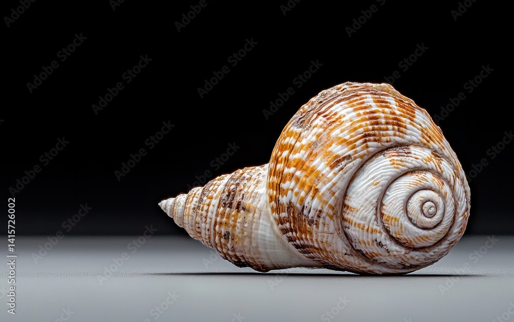 Poster close-up of a fossilized seashell with intricate spiral details, showcasing its tan and white colors