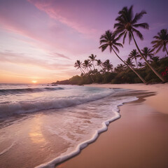Serene Sunset on Tropical Beach Palm Trees Ocean Waves and Golden Sand