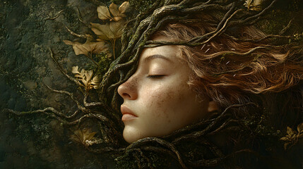 portrait of a person whose hair morphs into vines and petals, blending the boundaries between human and plant life, with vibrant colors highlighting the bio-elements 