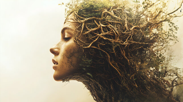 portrait of a person whose hair morphs into vines and petals, blending the boundaries between human and plant life, with vibrant colors highlighting the bio-elements 