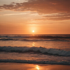 Obraz premium Golden Sunset Over Ocean Waves Serene Beach Scene at Dusk
