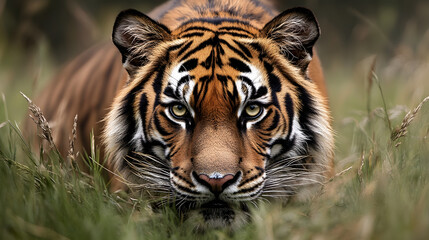 A powerful tiger stalking through tall grass, its eyes locked onto a potential meal as it prepares to pounce.