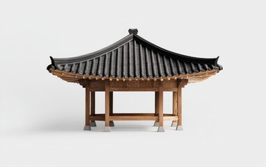 Fototapeta premium Low-poly model of a traditional Asian pavilion with dark gray tiled roof and light brown wooden supports, levitating against a solid white background. The image is clean and simple, focusing on the