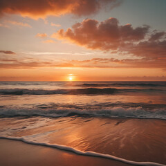 Fototapeta premium Serene Sunset Ocean Beach Scene Golden Hour Waves and Sky