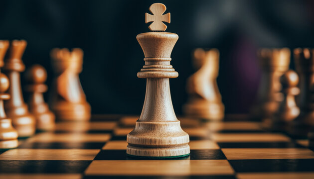 White queen stands alone on chessboard symbolizing female leadership and strength in business world vibrant lighting emphasizes elegant board and bold central position