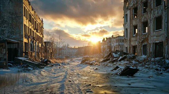 City in ruins after a winter war, showing destruction and changing skies at sunset, A city left in ruins after the war ( winter )