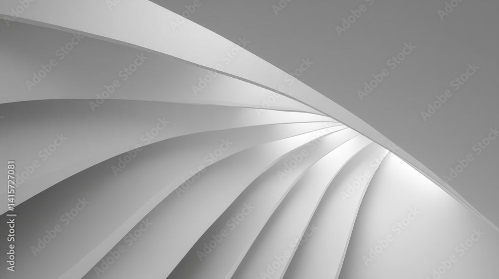 Poster Abstract grayscale image of curved, layered shapes creating a flowing, dynamic design, suggesting movement, architecture, or modern art, ideal for background use