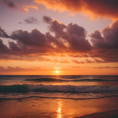 Fototapeta premium Dramatic Ocean Sunset with Colorful Clouds and Waves Rolling on Sandy Beach