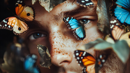artistic portrait of a man with butterflies and leaves softly integrating into his facial features, creating a harmonious blend of human expression and bio-elements 