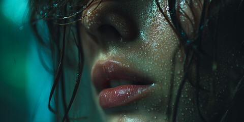 Close-up of a wet face, showing skin texture and water droplets, creating a sensual and mysterious mood.  Suggests vulnerability and intimacy.