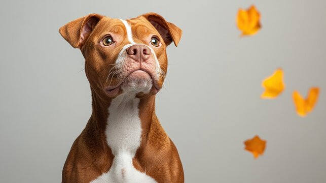 A curious dog watches yellow leaves gently fall in a warm indoor space filled with joy.