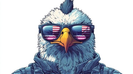 Majestic eagle wearing sunglasses, showing its patriotic spirit and unique style.