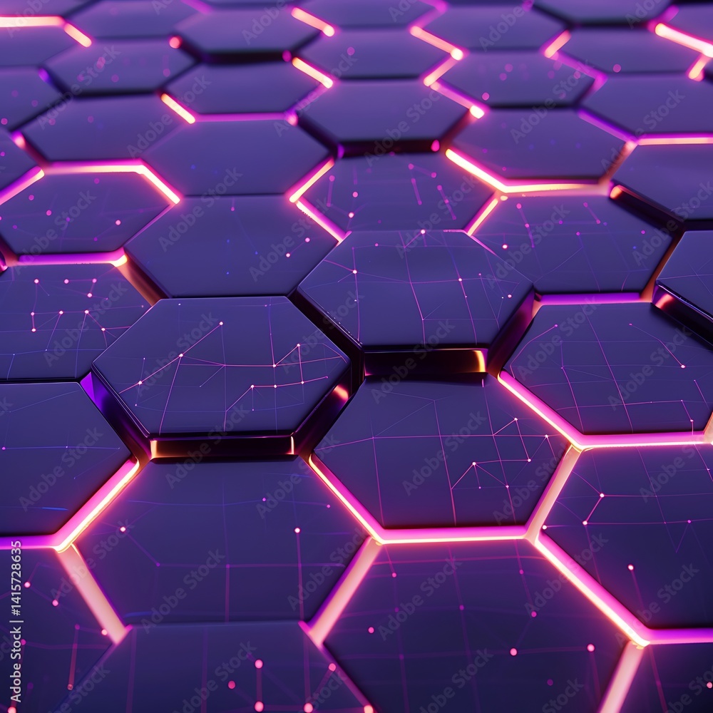 Poster abstract futuristic background featuring a dark surface of hexagonal tiles with glowing purple/pink 