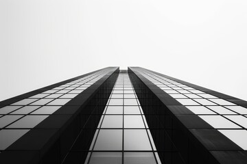 A black and white image of a skyscraper taken from below, showing the buildings glass and concrete structure, A minimalist black and white interpretation of a skyscraper