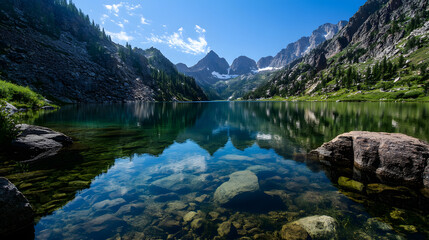 A pristine mountain lake with crystal-clear water surrounded by towering rocky cliffs and lush alpine meadows.