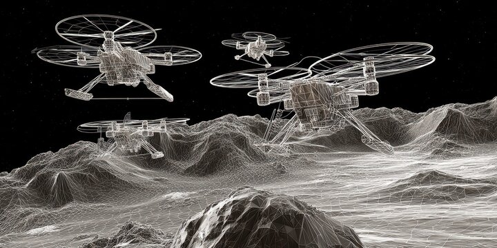 Wireframe Drones on Lunar Terrain. High-tech aerial vehicles explore a digitally rendered, mountainous surface under a starlit black sky.